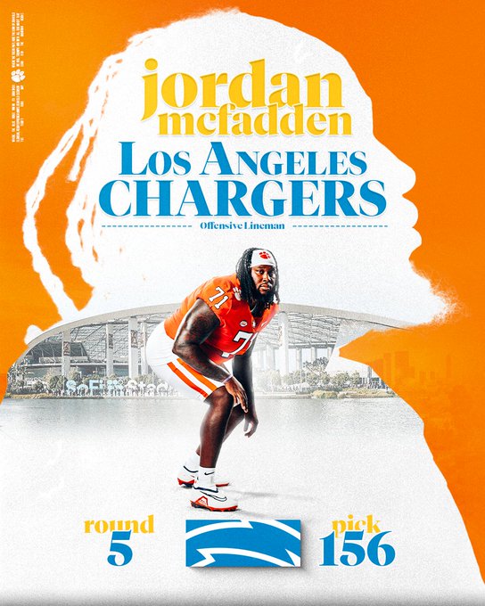 Los Angeles Chargers pick Clemson's Jordan McFadden in 2023 NFL Draft